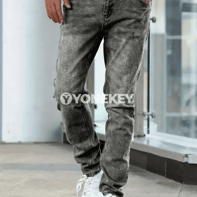 Erkekler üçin vintage täsirli denim jalabar, tämiz we giň kesim