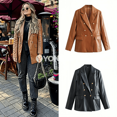 Zenanlar üçin goşa düwmeli uzyn ýeňli blazer paltosy
