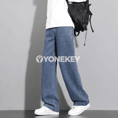 Erkekler üçin giň balakly klassiki denim jeans, gök we gara