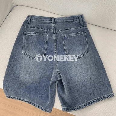 Retro ýokary belli denim şortikler, giň biçim, tomus üçin