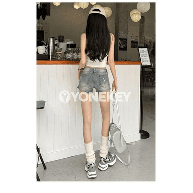 Zenanlar üçin ýokary bel köçä laýyk denim şortik, vintage stil