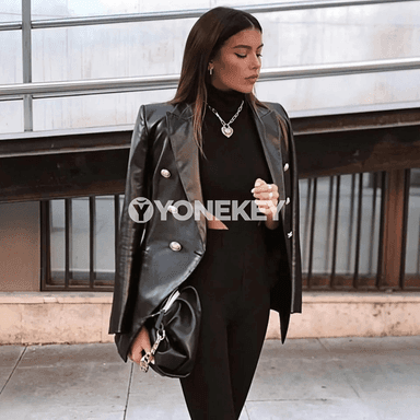 Zenanlar üçin goşa düwmeli uzyn ýeňli blazer paltosy