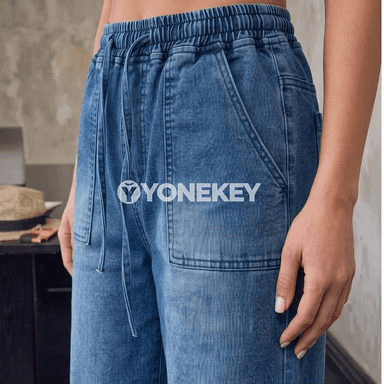 Zenanlar üçin giň kesimli ýokary belli denim jyns jalbar