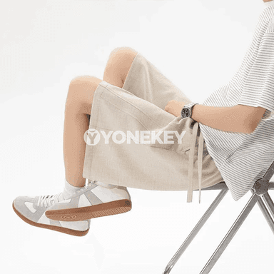 Erkekler üçin ýeňil ýazki linen görnüşli giň bermuda şortikler