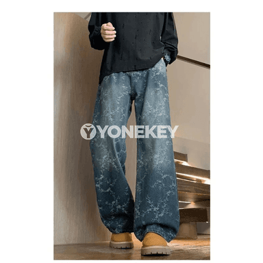 Erkekler üçin retro giň jeans, düz nogry kesimli, rahat stil