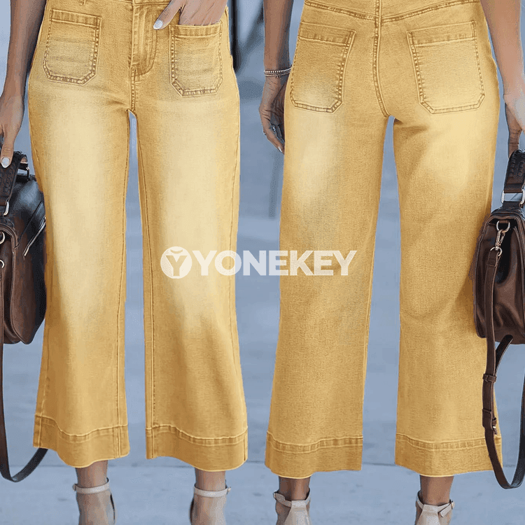 Zenanlar üçin ýokary belli giň balak jeans, rahat we moda