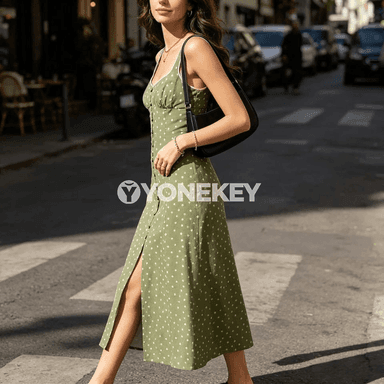 Ýaşyl nokatly arka açyk aýal-gyzlar köýnegi, tomusky uzyn A-line model