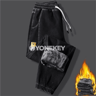 Erkekler üçin ýyly fleece jeans jalbarlar, giň kesimli, gyşlyk