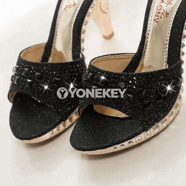 Zenanlar üçin ýokary ökçeli rhinestone sandallary, owadan görnüş