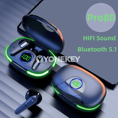 TWS Pro80 simsiz Bluetooth 5.3 nauşnikler, LED displeýli