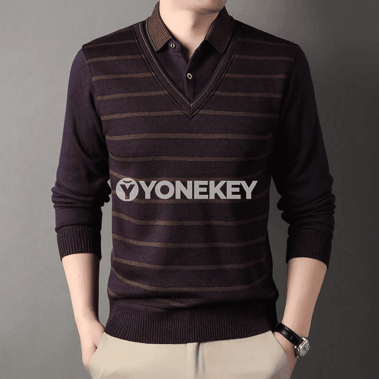 Erkekler üçin polo boýunly ýyly fleece switer, zolakly