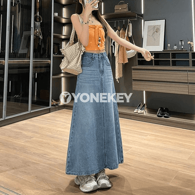 Zenanlar üçin ýokary belli denim maxi ýubka