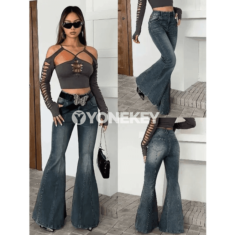 Zenanlar üçin vintaj giň balaçly jeans balaklar