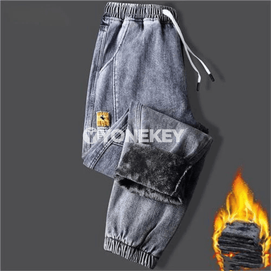 Erkekler üçin ýyly fleece jeans jalbarlar, giň kesimli, gyşlyk