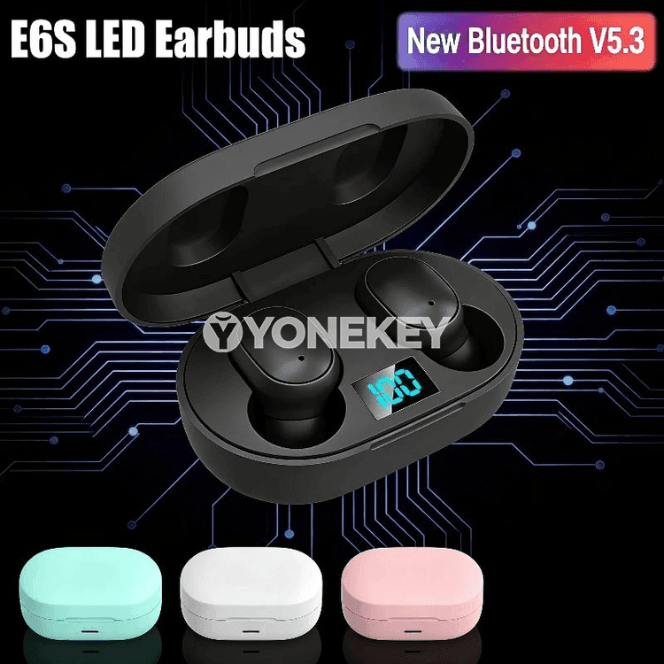 E6S simsiz Bluetooth naýnikler, mikrofonly TWS, sport üçin
