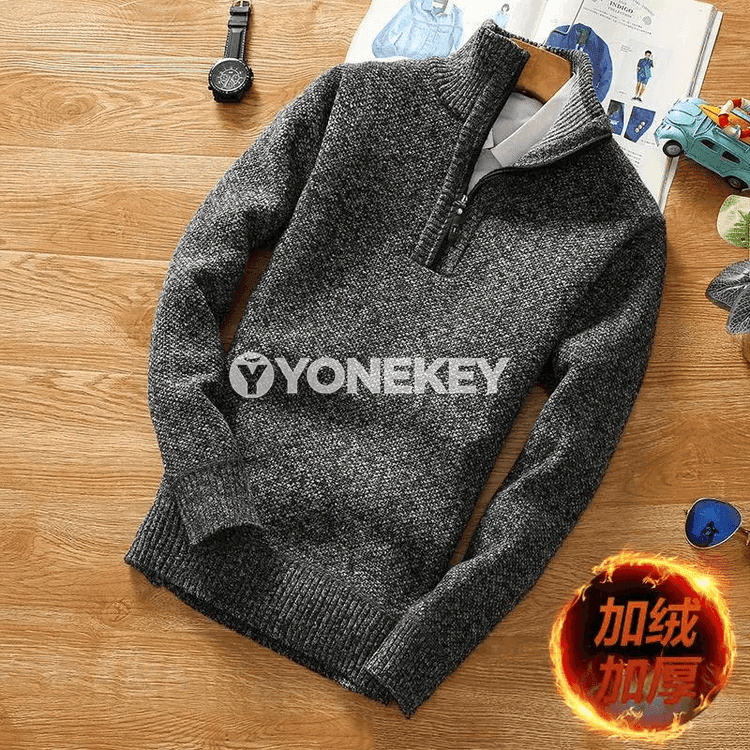 Erkekler üçin ýyly trikotaž switer, zipli, güýz-gyz äheňi