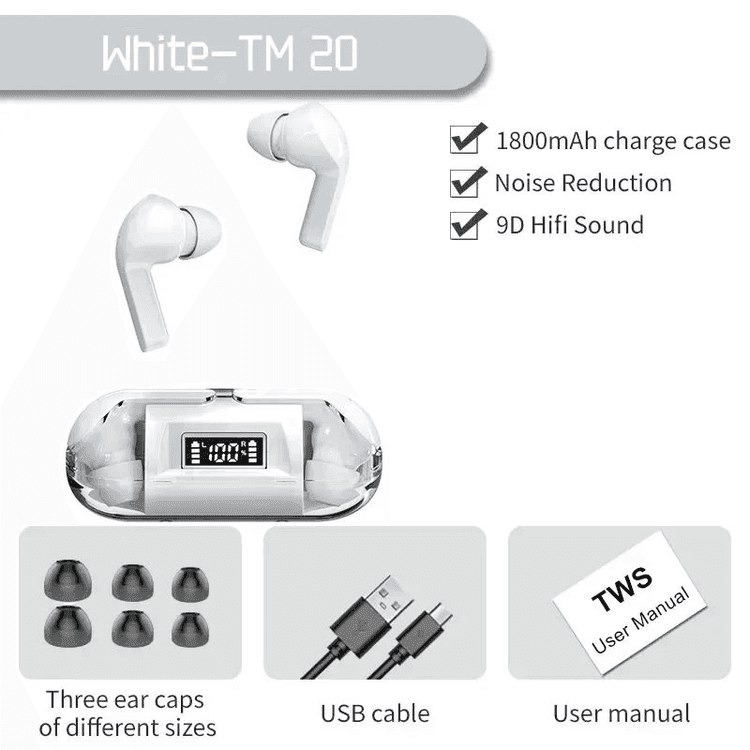 TM20 TWS Bluetooth 5.3 simsiz nauşnik, LED displeýli
