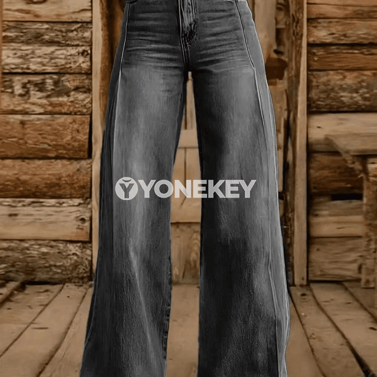 Zenanlar üçin giň balakly denim jeans, ýokary bil, elastik, rahat