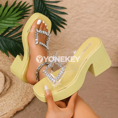 Aýallar üçin ýokary ökjeli açyk sandal, kvadrat burunly, bezegli