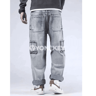 Erkekler üçin açyk gök retro giň kesimli jeans balak