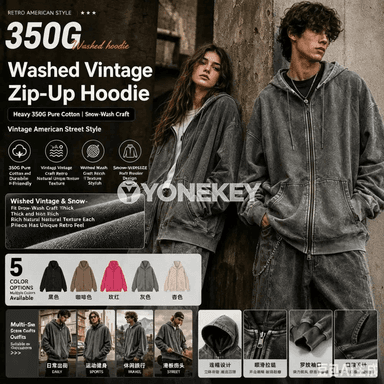 350g retro ziphli hoodi, erkekler üçin giň kesimli, ýyly we rahat