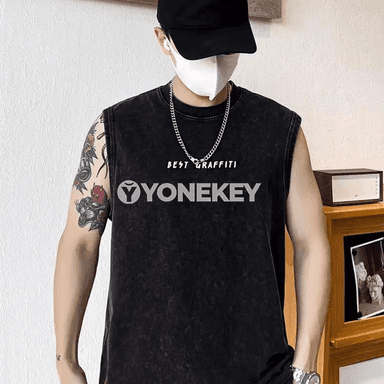 Erkekler üçin ýeňil, giň kesimli sport tank topy, ýeňsiz pagta maýka