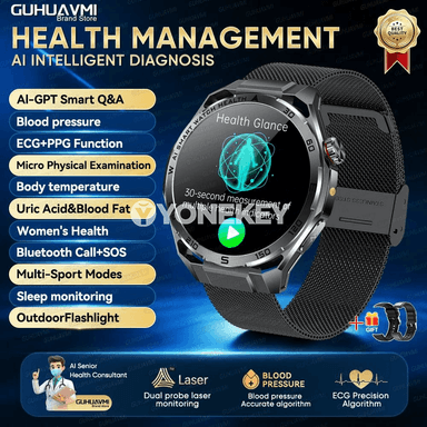 AI ECG saglyk sagady, 1.53" AMOLED, gan düzümi we basyş gözegçiligi