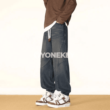 Erkekler üçin giň balažak jeans, rezin boýunly, gündelik stil
