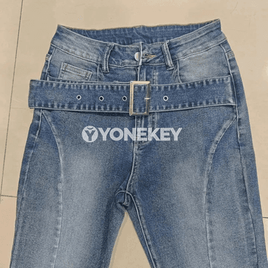 Zenanlar üçin ýokary belli giňýän jeans jalbar, döwrebap stil