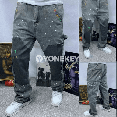 Erkekler üçin vintage giň balaç jyns jalbar, rahat kesimli denim