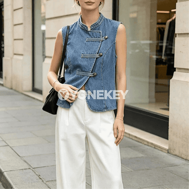 Zenanlar üçin düwme bezegli ýeňsiz moda jeletka