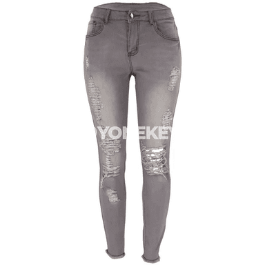 Zenanlar üçin dar kesimli, ýokary elastik, ýyrtyk denim jeans