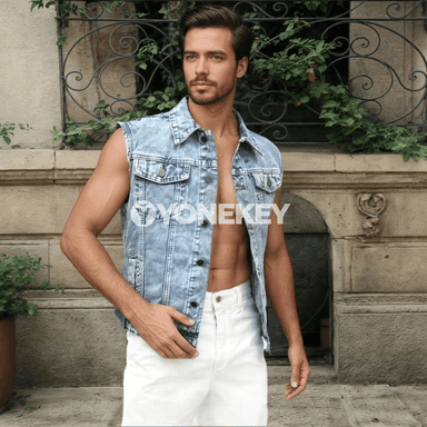 Erkekler üçin ýaz pasly denim ýeňsiz jaket-jemper