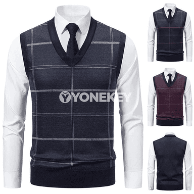 Erkekler üçin V boýunly örme switer, güýz-gyş üçin ýyly ýeňsiz top
