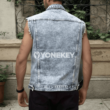 Erkekler üçin ýaz pasly denim ýeňsiz jaket-jemper