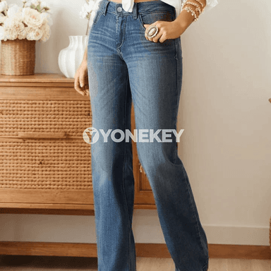 Zenanlar üçin vintage açyk gök slim jeans balaklar, uzyn görnüş, ofis üçin