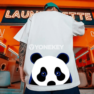 Erkekler üçin panda şekilli gara-ak giň köýnek, M-8XL