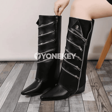 Zenanlar üçin ýokary dyz botinkalar, klassik deri görnüşli, fermuarly