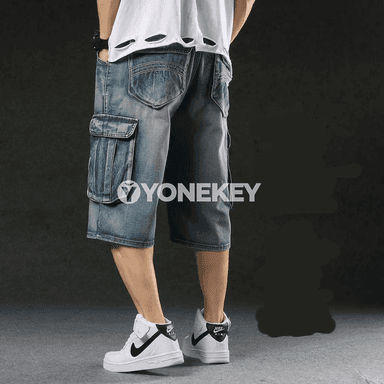 Erkekler üçin giň ýeňli denim şortik, köp jübütli gündelik balak