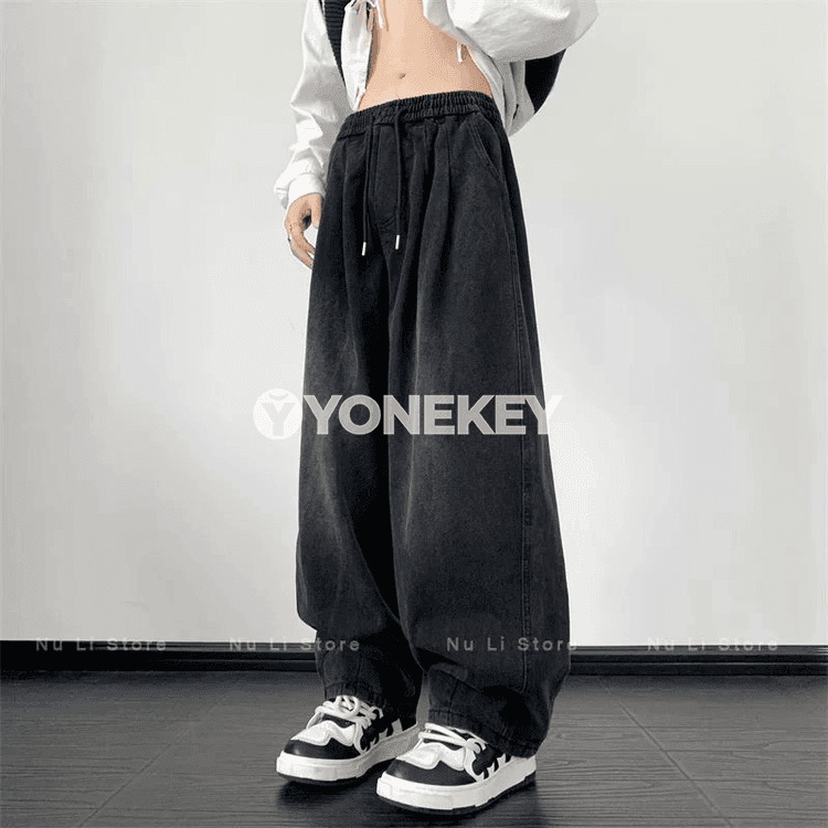 Erkek giň paçaly jeans, retro stil, beýik belli, ýyly möwsüm üçin