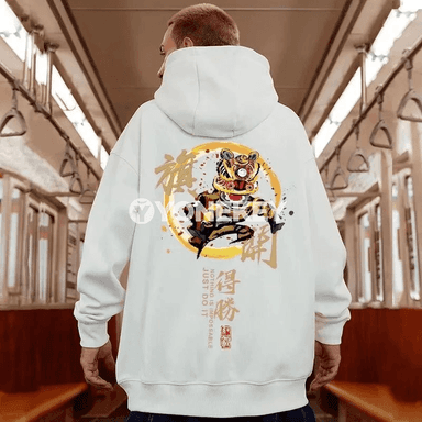 Erkekler üçin kapşonly oversized pulower, ýolbars tans çaply