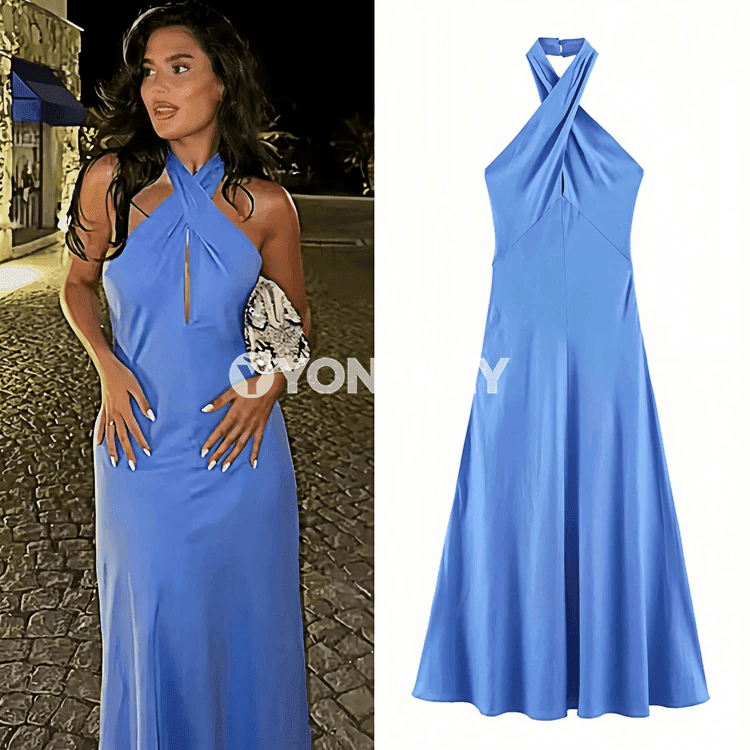 Zenanlar üçin ýeňsiz halter midi köýnek, tomusky rahat stil