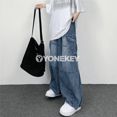 Erkekler üçin giň balaçli gündelik jeans, giň jübi, giňişlikli stil