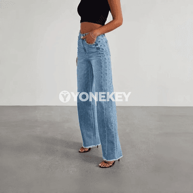 Aýal-gyzlar üçin giň gök jeans, giň balakly rahat denim