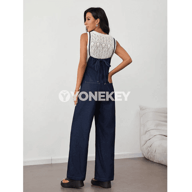 Aýallar üçin denim kombinezon köýnek, ýokary boýunli giň balakly model