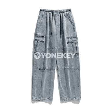 Erkekler üçin giň kesimli, ýeňil gaýtadan işlenen denim jalbar