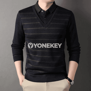 Erkekler üçin polo boýunly ýyly fleece switer, zolakly