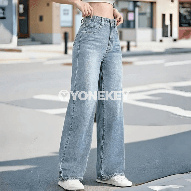 Zenanlar üçin giň balakly ýokary belli denim jinsler, ýazlyk stil