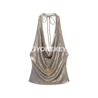 Zenanlar üçin altyn reňkli halter top, ýeňsiz ýazky bluzka