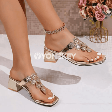 Zenanlar üçin altyn bezegli ýazky sandal, ýokary ökjeli